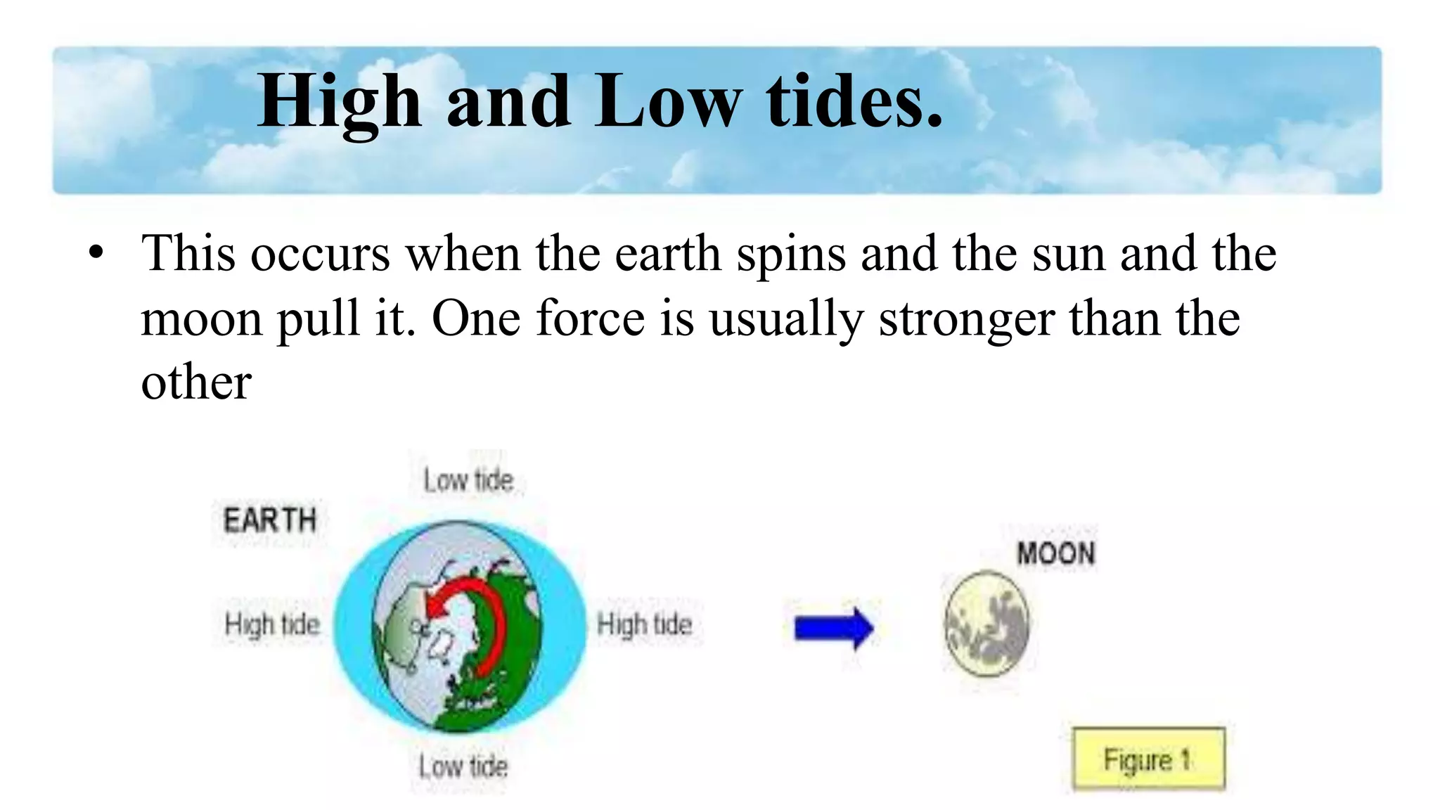 High and Low tides.
• This occurs when the earth spins and the sun and the
moon pull it. One force is usually stronger than the
other
 