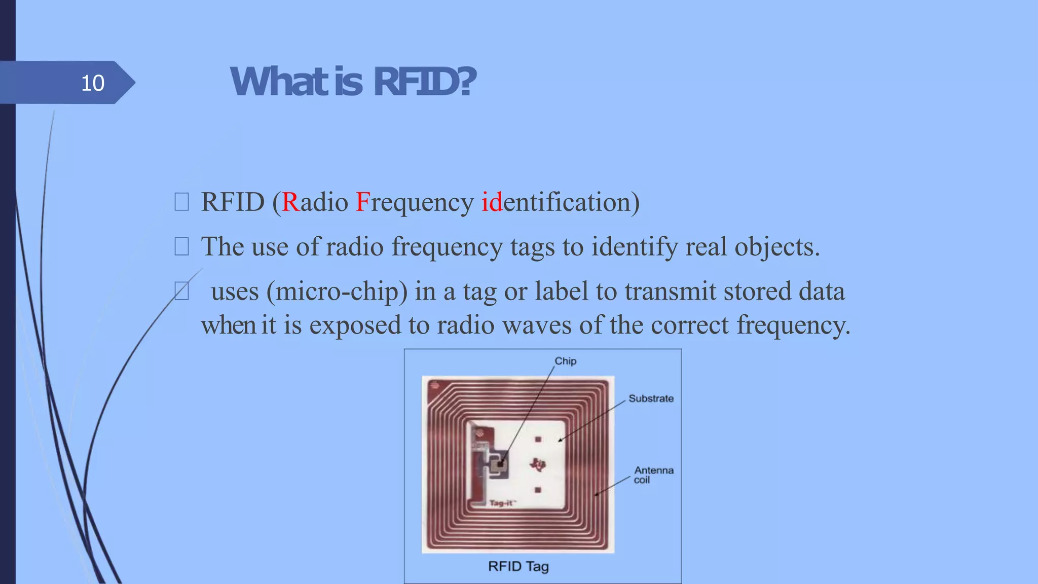 Whatis RFID?
RFID (Radio Frequency identification)
The use of radio frequency tags to identify real objects.
uses (micro-chip) in a tag or label to transmit stored data
whenit is exposed to radio waves of the correct frequency.
10
 