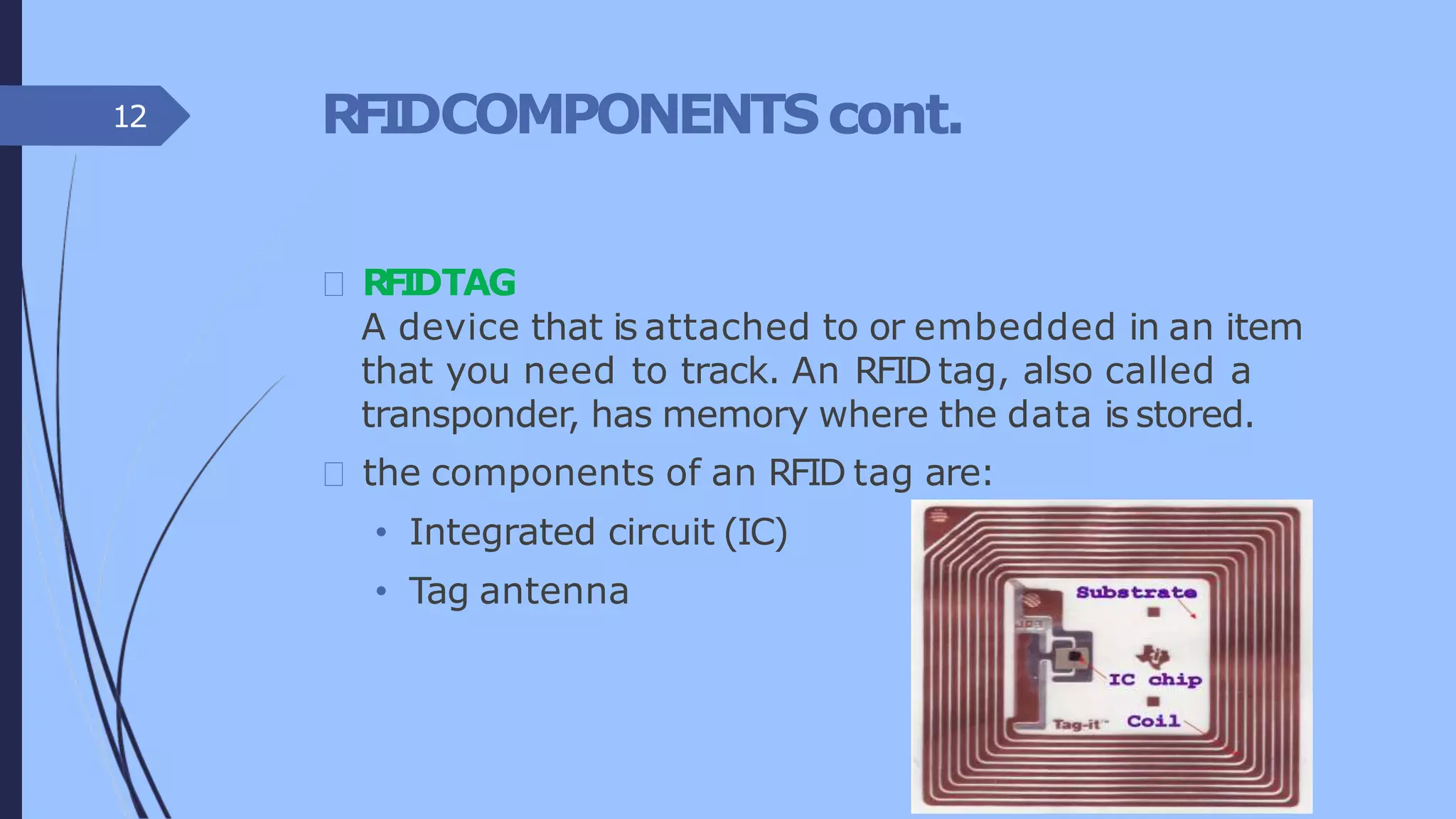 RFIDCOMPONENTScont.
RFIDTAG
A device that is attached to or embedded in an item
that you need to track. An RFID tag, also called a
transponder, has memory where the data is stored.
the components of an RFID tag are:
• Integrated circuit (IC)
• Tag antenna
12
 