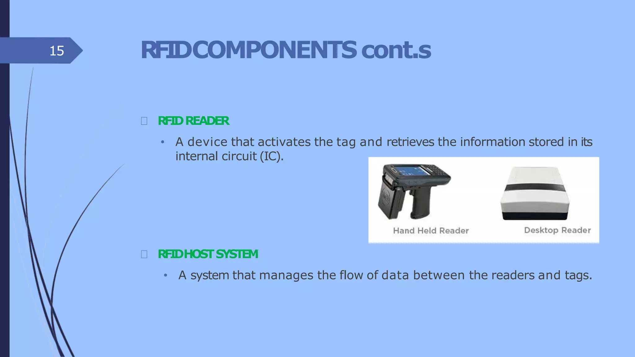 RFIDCOMPONENTScont.s
RFIDREADER
• A device that activates the tag and retrieves the information stored in its
internal circuit (IC).
RFIDHOSTSYSTEM
• A system that manages the flow of data between the readers and tags.
15
 