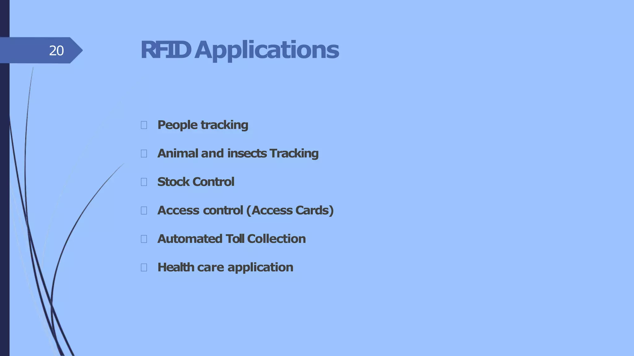 RFIDApplications
People tracking
Animal and insects Tracking
Stock Control
Access control (Access Cards)
Automated Toll Collection
Health care application
20
 
