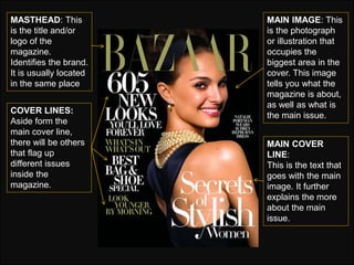MASTHEAD: This
is the title and/or
logo of the
magazine.
Identifies the brand.
It is usually located
in the same place
MAIN IMAGE: This
is the photograph
or illustration that
occupies the
biggest area in the
cover. This image
tells you what the
magazine is about,
as well as what is
the main issue.
MAIN COVER
LINE:
This is the text that
goes with the main
image. It further
explains the more
about the main
issue.
COVER LINES:
Aside form the
main cover line,
there will be others
that flag up
different issues
inside the
magazine.
 