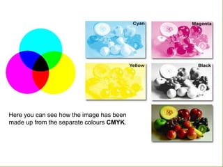 Here you can see how the image has been
made up from the separate colours CMYK.
 