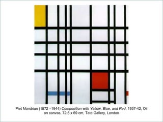 Piet Mondrian (1872 –1944) Composition with Yellow, Blue, and Red, 1937-42, Oil
on canvas, 72.5 x 69 cm, Tate Gallery, London
 
