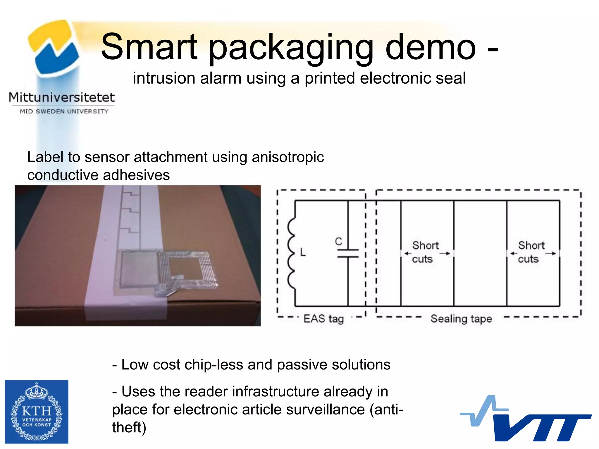 Smart packaging demo -
               intrusion alarm using a printed electronic seal



Label to sensor attachment using anisotropic
conductive adhesives




            - Low cost chip-less and passive solutions
            - Uses the reader infrastructure already in
            place for electronic article surveillance (anti-
            theft)
 