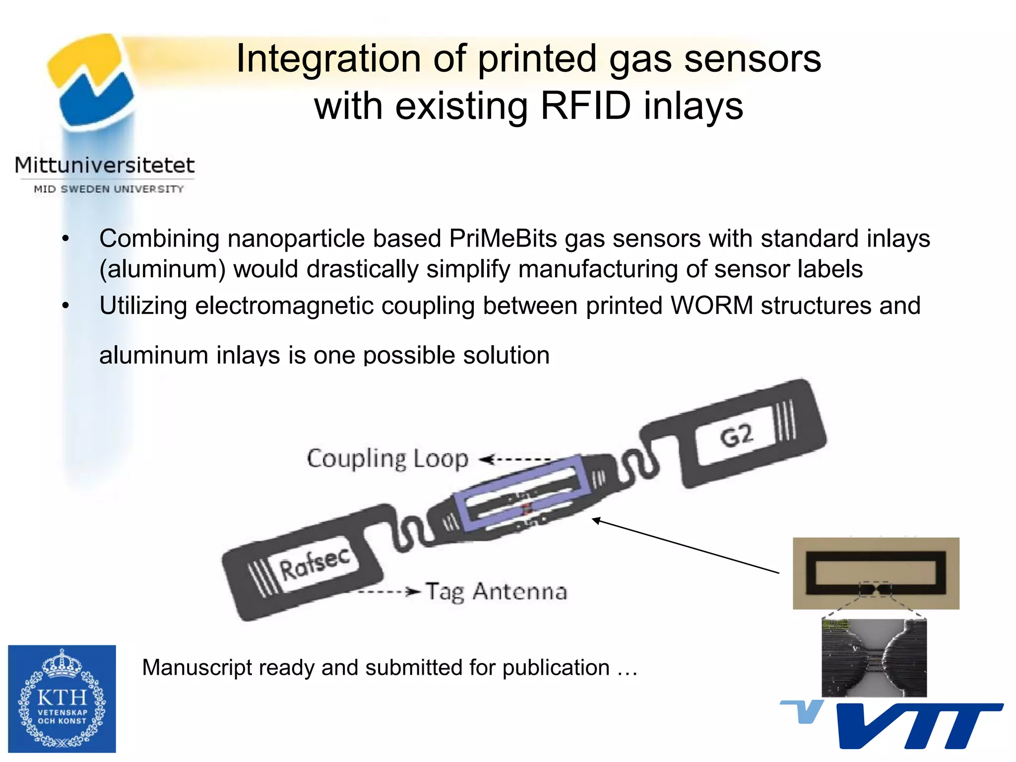 Integration of printed gas sensors
                     with existing RFID inlays


•   Combining nanoparticle based PriMeBits gas sensors with standard inlays
    (aluminum) would drastically simplify manufacturing of sensor labels
•   Utilizing electromagnetic coupling between printed WORM structures and
    aluminum inlays is one possible solution




       Manuscript ready and submitted for publication …
 