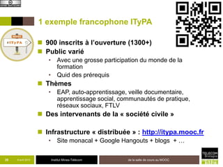 1 exemple francophone ITyPA

                     900 inscrits à l’ouverture (1300+)
                     Public varié
                       • Avec une grosse participation du monde de la
                         formation
                       • Quid des prérequis
                     Thèmes
                       • EAP, auto-apprentissage, veille documentaire,
                         apprentissage social, communautés de pratique,
                         réseaux sociaux, FTLV
                     Des intervenants de la « société civile »

                     Infrastructure « distribuée » : http://itypa.mooc.fr
                       • Site monacal + Google Hangouts + blogs + …

35   8 avril 2013       Institut Mines-Télécom    de la salle de cours au MOOC
 