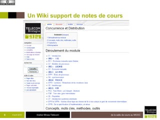 Un Wiki support de notes de cours




8   8 avril 2013      Institut Mines-Télécom   de la salle de cours au MOOC
 