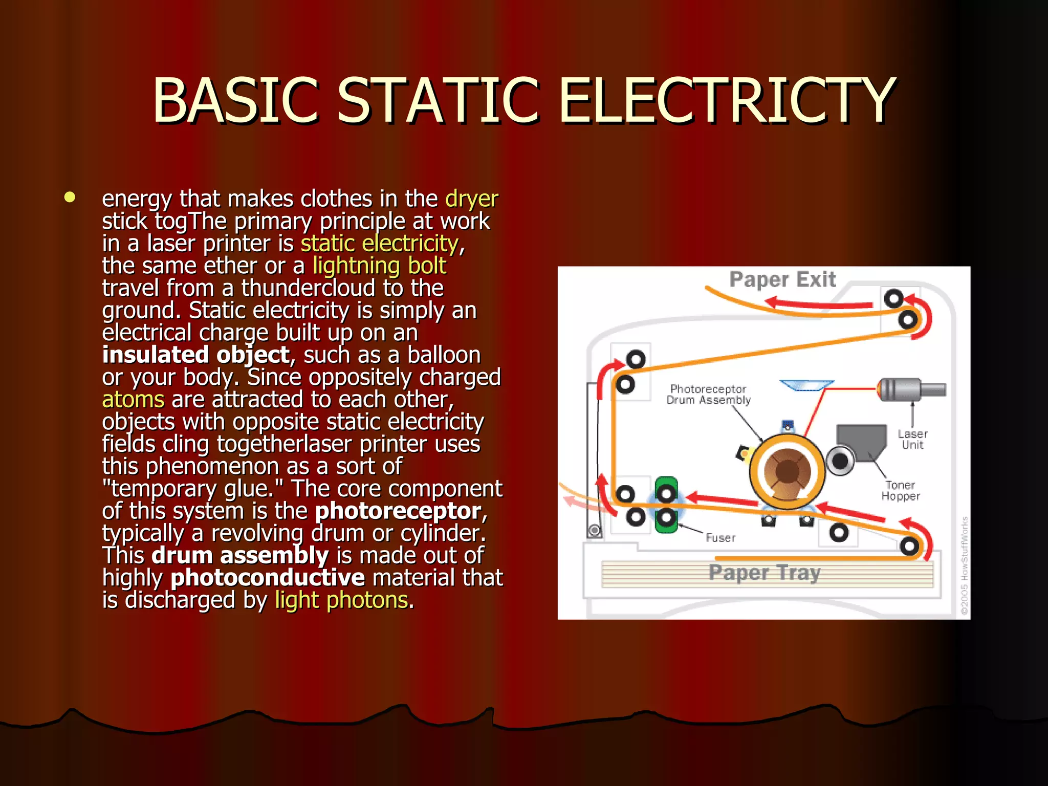 BASIC STATIC ELECTRICTY energy that makes clothes in the  dryer  stick togThe primary principle at work in a laser printer is  static electricity , the same ether or a  lightning bolt  travel from a thundercloud to the ground. Static electricity is simply an electrical charge built up on an  insulated object , such as a balloon or your body. Since oppositely charged  atoms  are attracted to each other, objects with opposite static electricity fields cling togetherlaser printer uses this phenomenon as a sort of "temporary glue." The core component of this system is the  photoreceptor , typically a revolving drum or cylinder. This  drum assembly  is made out of highly  photoconductive  material that is discharged by  light photons .  