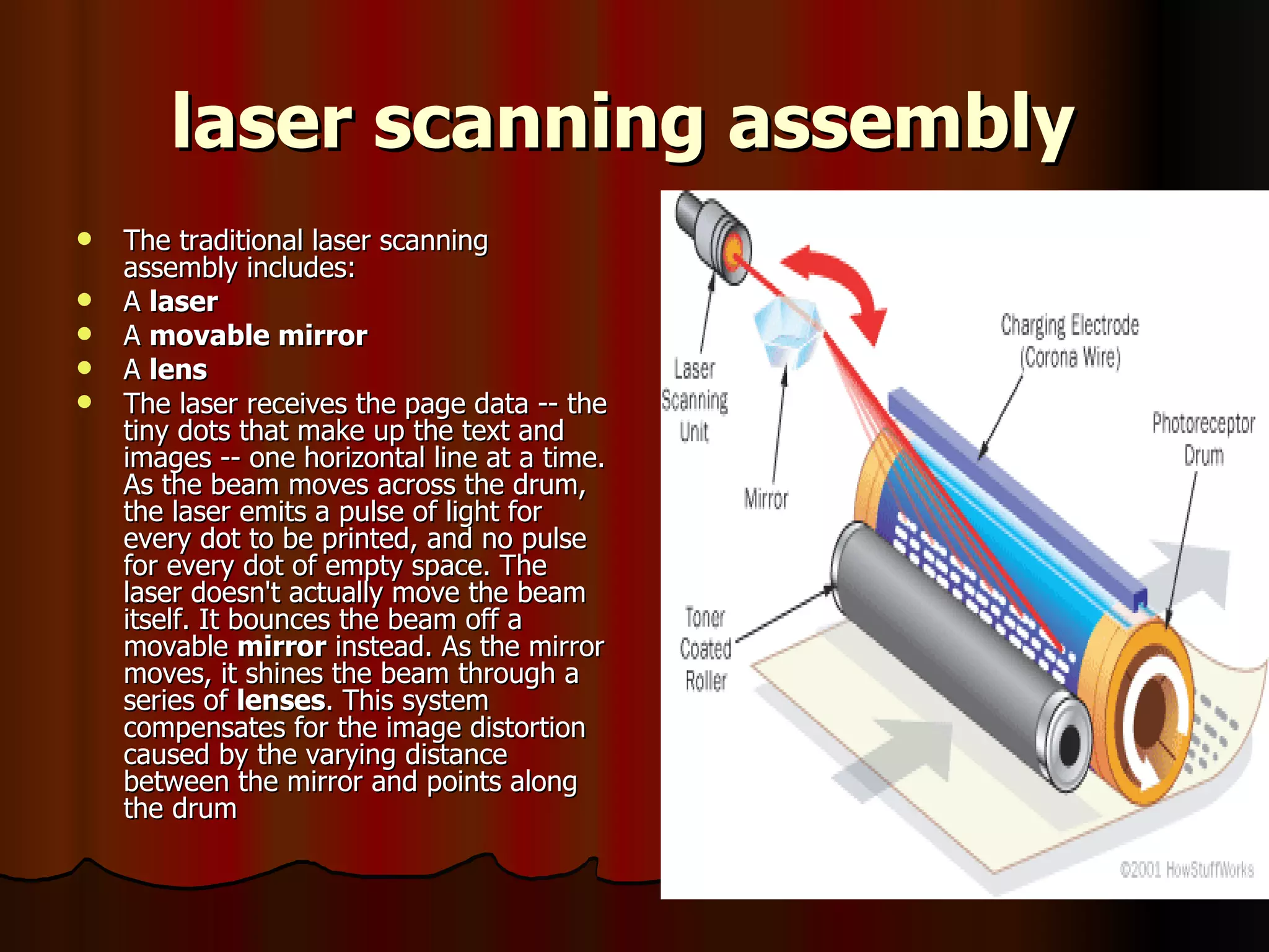 laser scanning assembly   The traditional laser scanning assembly includes:  A  laser   A  movable mirror   A  lens   The laser receives the page data -- the tiny dots that make up the text and images -- one horizontal line at a time. As the beam moves across the drum, the laser emits a pulse of light for every dot to be printed, and no pulse for every dot of empty space. The laser doesn't actually move the beam itself. It bounces the beam off a movable  mirror  instead. As the mirror moves, it shines the beam through a series of  lenses . This system compensates for the image distortion caused by the varying distance between the mirror and points along the drum 