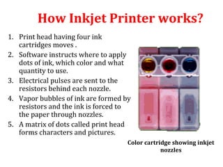 How Inkjet Printer works?
1. Print head having four ink
cartridges moves .
2. Software instructs where to apply
dots of ink, which color and what
quantity to use.
3. Electrical pulses are sent to the
resistors behind each nozzle.
4. Vapor bubbles of ink are formed by
resistors and the ink is forced to
the paper through nozzles.
5. A matrix of dots called print head
forms characters and pictures.
Color cartridge showing inkjet
nozzles
 