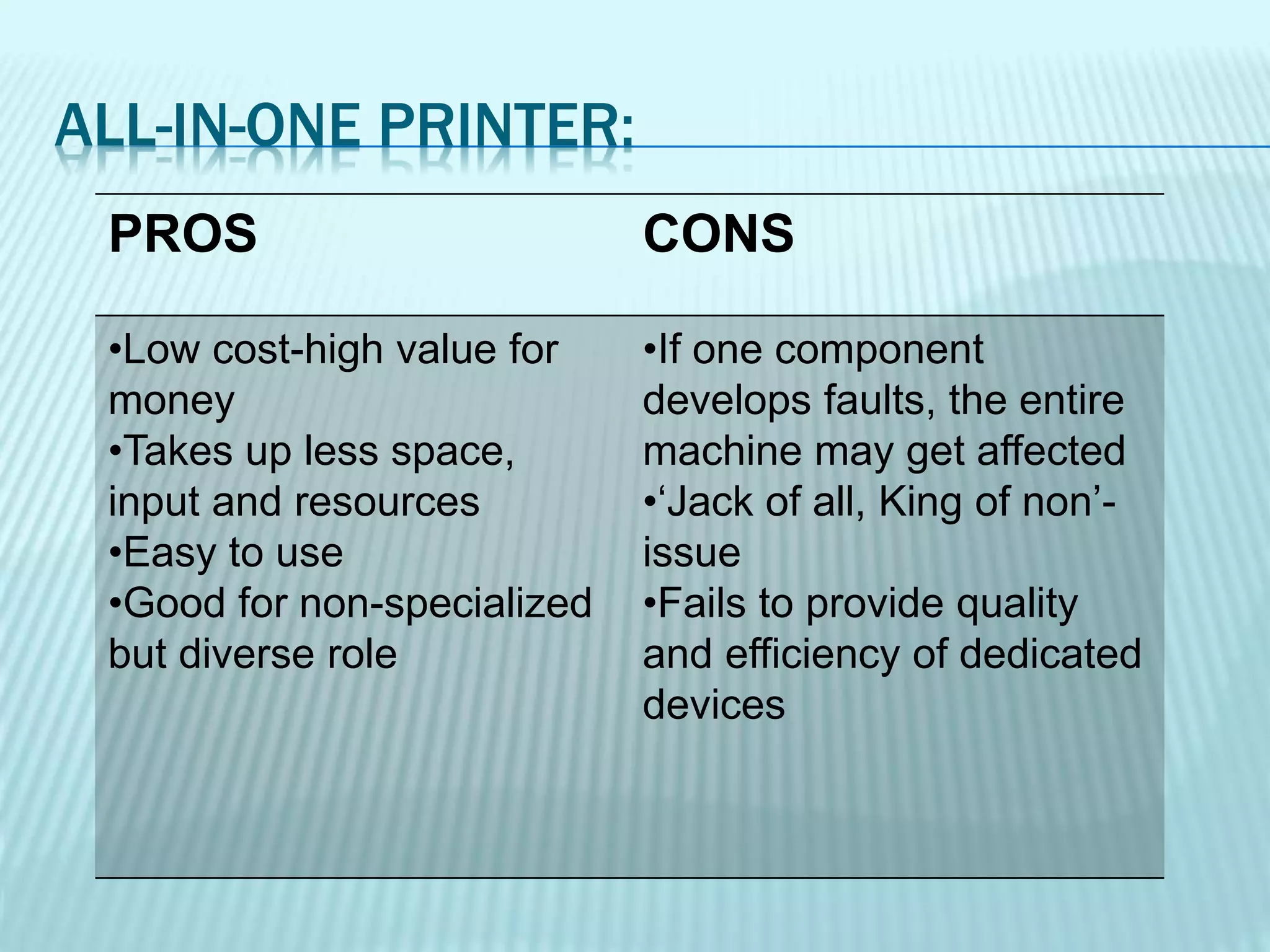 ALL-IN-ONE PRINTER:
PROS CONS
•Low cost-high value for
money
•Takes up less space,
input and resources
•Easy to use
•Good for non-specialized
but diverse role
•If one component
develops faults, the entire
machine may get affected
•‘Jack of all, King of non’-
issue
•Fails to provide quality
and efficiency of dedicated
devices
 