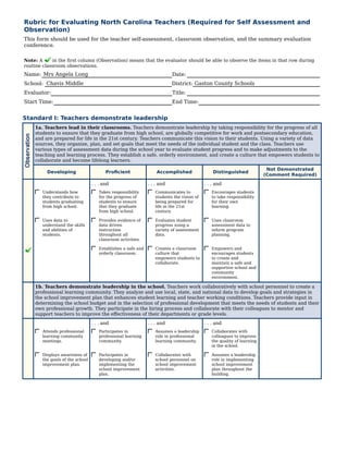 Rubric for Evaluating North Carolina Teachers (Required for Self Assessment and
Observation)
This form should be used for the teacher self-assessment, classroom observation, and the summary evaluation
conference.

Note: A     in the first column (Observation) means that the evaluator should be able to observe the items in that row during
routine classroom observations.
Name: Mrs Angela Long                                                    Date:
School: Chavis Middle                                                    District: Gaston County Schools
Evaluator:                                                               Title:
Start Time:                                                              End Time:


Standard I: Teachers demonstrate leadership
    1a. Teachers lead in their classrooms. Teachers demonstrate leadership by taking responsibility for the progress of all
    students to ensure that they graduate from high school, are globally competitive for work and postsecondary education,
    and are prepared for life in the 21st century. Teachers communicate this vision to their students. Using a variety of data
    sources, they organize, plan, and set goals that meet the needs of the individual student and the class. Teachers use
    various types of assessment data during the school year to evaluate student progress and to make adjustments to the
    teaching and learning process. They establish a safe, orderly environment, and create a culture that empowers students to
    collaborate and become lifelong learners.
                                                                                                                       Not Demonstrated
         Developing                     Proficient               Accomplished                Distinguished
                                                                                                                      (Comment Required)
                                 . . . and                   . . . and                   . . . and
       Understands how              Takes responsibility        Communicates to             Encourages students
       they contribute to           for the progress of         students the vision of      to take responsibility
       students graduating          students to ensure          being prepared for          for their own
       from high school.            that they graduate          life in the 21st            learning.
                                    from high school.           century.

       Uses data to                 Provides evidence of        Evaluates student           Uses classroom
       understand the skills        data driven                 progress using a            assessment data to
       and abilities of             instruction                 variety of assessment       inform program
       students.                    throughout all              data.                       planning.
                                    classroom activities.

                                    Establishes a safe and      Creates a classroom         Empowers and
                                    orderly classroom.          culture that                encourages students
                                                                empowers students to        to create and
                                                                collaborate.                maintain a safe and
                                                                                            supportive school and
                                                                                            community
                                                                                            environment.

    1b. Teachers demonstrate leadership in the school. Teachers work collaboratively with school personnel to create a
    professional learning community. They analyze and use local, state, and national data to develop goals and strategies in
    the school improvement plan that enhances student learning and teacher working conditions. Teachers provide input in
    determining the school budget and in the selection of professional development that meets the needs of students and their
    own professional growth. They participate in the hiring process and collaborate with their colleagues to mentor and
    support teachers to improve the effectiveness of their departments or grade levels.
                                 . . . and                   . . . and                   . . . and
       Attends professional         Participates in             Assumes a leadership        Collaborates with
       learning community           professional learning       role in professional        colleagues to improve
       meetings.                    community.                  learning community.         the quality of learning
                                                                                            in the school.

       Displays awareness of        Participates in             Collaborates with           Assumes a leadership
       the goals of the school      developing and/or           school personnel on         role in implementing
       improvement plan.            implementing the            school improvement          school improvement
                                    school improvement          activities.                 plan throughout the
                                    plan.                                                   building.
 