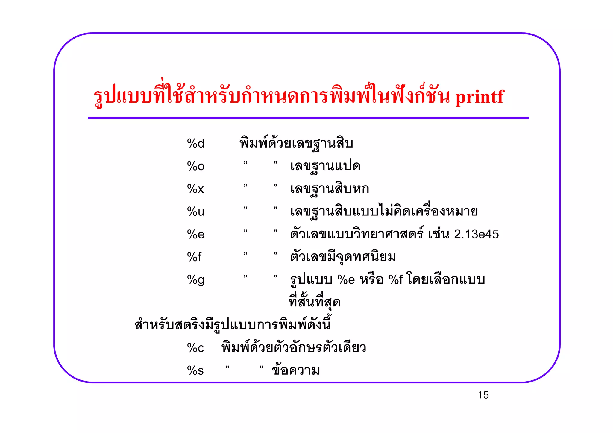 F F ˆ F printf
%d F F
%o
%x
%u F%u F
%e F F 2.13e45
%f
%g %e %f
F
%c F F
%s F
15
 