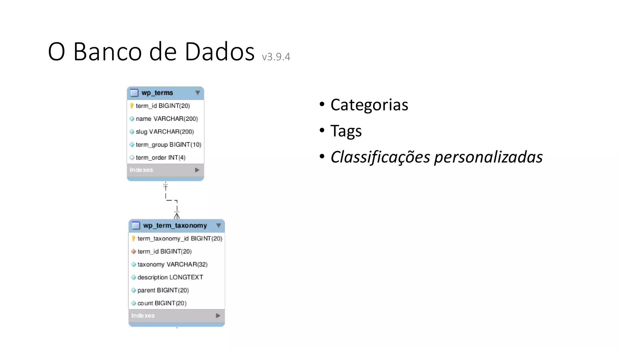 O Banco de Dados v3.9.4
• Categorias
• Tags
• Classificações personalizadas
 