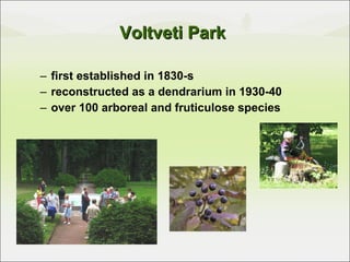Voltveti Park  first established in 1830-s reconstructed as a dendrarium in 1930-40 over 100 arboreal and fruticulose species 