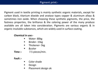 Dyeing fabrics
Discharge printing
HOW IS IT DONE?
• a plain dyed fabric is printed with a
discharge paste which removes th...