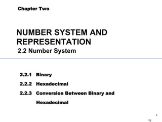 1
Chapter Two
NUMBER SYSTEM AND
REPRESENTATION
2.2 Number System
2.2.1 Binary
2.2.2 Hexadecimal
2.2.3 Conversion Between Binary and
Hexadecimal
 