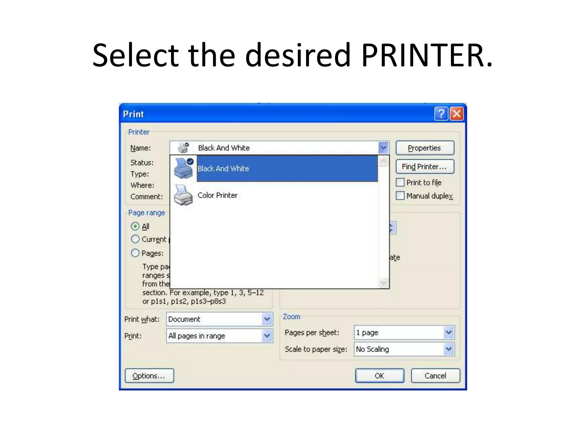Select the desired PRINTER.