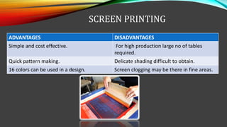 SCREEN PRINTING
ADVANTAGES DISADVANTAGES
Simple and cost effective. For high production large no of tables
required.
Quick pattern making. Delicate shading difficult to obtain.
16 colors can be used in a design. Screen clogging may be there in fine areas.
 