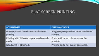 FLAT SCREEN PRINTING
ADVANTAGES DISADVANTAGES
Greater production than manual screen
printing.
A big setup required for more number of
screens.
Printing with different repeat can be made
easily.
Prints with more colors may not be
possible.
Good print is obtained . Printing paste not evenly controlled.
 