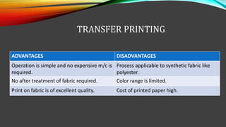 TRANSFER PRINTING
ADVANTAGES DISADVANTAGES
Operation is simple and no expensive m/c is
required.
Process applicable to synthetic fabric like
polyester.
No after treatment of fabric required. Color range is limited.
Print on fabric is of excellent quality. Cost of printed paper high.
 