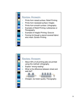 14
1. Prints from raised surface: Relief Printing
2. Prints from recessed surface: Intaglio
3. Prints from smooth surface: Lithography
4. Example of Relief Printing: Letterpress or
Flexography
5. Example of Intaglio Printing: Gravure
6. Forcing ink though a stencil covered fabric/
wire mesh: Screen Printing
7. About 40% of all printing jobs are printed
using this method: Lithography
8. Explain “wrong reading”
9. What is the difference between sheet and
web fed?
7. Cheaper, but lower quality: Flexography
 