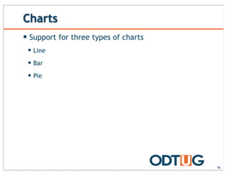 Charts
16
— Support for three types of charts
— Line
— Bar
— Pie
 