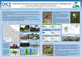 Urban bird communities in Guyana: bringing conservation to a neotropical city
BACKGROUND
The neotropics are rapidly urbanising, with natural ecosystems being replaced by human-modified
habitats such as towns and cities.
Urban planners need better information about habitats to maintain or enhance biodiversity in towns
and cities.
Urban habitats can support a diverse communities of plants and animals. However, most of our
knowledge has been derived from studying temperate ecosystems.
The aim of this study was to identify the habitats and features of a neotropical urban environment that
are important in supporting bird diversity and conservation.
Hayes WM¹, Bicknell JE¹, Fisher JC¹, Pierre M², Davies ZG¹
Managed greenspaces and urban bluespaces are particularly key
habitat types for the bird community in this neotropical city.
Urban bluespace in Georgetown, comprised mainly of canals, is not
managed for the benefit of biodiversity but supported high bird
diversity.
Converting greenspaces and bluespaces into other land uses could
have irreversible impacts on biodiversity.
Biodiversity survey data is needed by planners and managers so they
can make informed evidence-based urban development and
conservation intervention decisions.
¹Durrell Institute Of Conservation & Ecology (DICE), University of Kent, Canterbury, ²WildCRU, Department of Zoology, University of Oxford,
Oxford.
Pond
Bird point counts were
conducted in May and
June 2017 in 114
survey stations across
six habitat types (19
per habitat type).
The coverage of each
habitat feature within
a 50 m radius of the
centre of each survey
station was also
assessed.
Bird communities were surveyed within six broad habitat types.
grass
tree
shrub
canal pond
pavement
building
road
drainocean
%
Managed
greenspace
Unmanaged
greenspace
Coastal
bluespace
Urban
bluespace
Sparse
urban
Dense
urban
Great kiskadee
(Pitangus sulphuratus)
We recorded 3408 birds from 98 species across
the six habitat types.
Bird communities varied significantly with
habitat type, with managed greenspace and
urban bluespace supporting the highest
diversities.
Six species were observed in all six habitat
types: great kiskadee (most abundant species
overall), rock pigeon, ruddy-ground dove, grey-
breasted martin, blue-grey tanager and shiny
cowbird.
CONCLUSIONS
RESULTS
STUDY SYSTEM: GEORGETOWN, GUYANA
Managed greenspace
(parks, gardens, sports pitches)
Unmanaged greenspace
(brownfield sites, vegetated roadside plots)
Urban bluespace
(canals, rivers, pond)
Coastal bluespace
(ocean, beach, mudflat)
Dense urban
(city centre, high building density)
Sparse urban
(suburbs, low building density)
Dominant
habitat
features
+
-
Bird Community
NMDS Ordination
Managed greenspace Unmanaged greenspace
Urban bluespaceCoastal bluespace
Dense urbanSparse urban
Great
kiskadee
Great
kiskadee
Great
kiskadee
Great
kiskadee
Great
kiskadee
Shiny
cowbird
Ruddy
ground
dove
Ruddy
ground
dove
Ruddy
ground
dove
Rock
pigeon
Rock
pigeon
Rock
pigeon
Blue-black
grassquit
Blue-black
grassquit
Short-
crested
flycatcher
Wing-
barred
seedeater
Tropical
kingbird
Little blue
heron
Snowy
egret
Snowy
egretLittle blue
heron
Collared
plover
Wattled
jacana
Wattled
jacana
Pied
water
tyrant
Blue-grey
tanager
Roadside
hawk
House
wren
Pale-
breasted
thrush
72 sp.
846
56 sp.
590
Diversity
No. of
sightings
Top 3 sp. Indicator sp. Diversity
No. of
sightings
Top 3 sp. Indicator sp.
Diversity
No. of
sightings
Top 3 sp. Indicator sp.Diversity
No. of
sightings
Top 3 sp. Indicator sp.
Diversity
No. of
sightings
Top 3 sp. Indicator sp. Diversity
No. of
sightings
Top 3 sp. Indicator sp.
24 sp. 60 sp.
46 sp. 29 sp.
442 710
475 347
Roadside hawk
(Rupornis magnirostris)
Orange-winged amazon
(Amazona amazonica)
Georgetown
Venezuela
Guyana
Brazil
Suriname
Georgetown
Atlantic Ocean
 