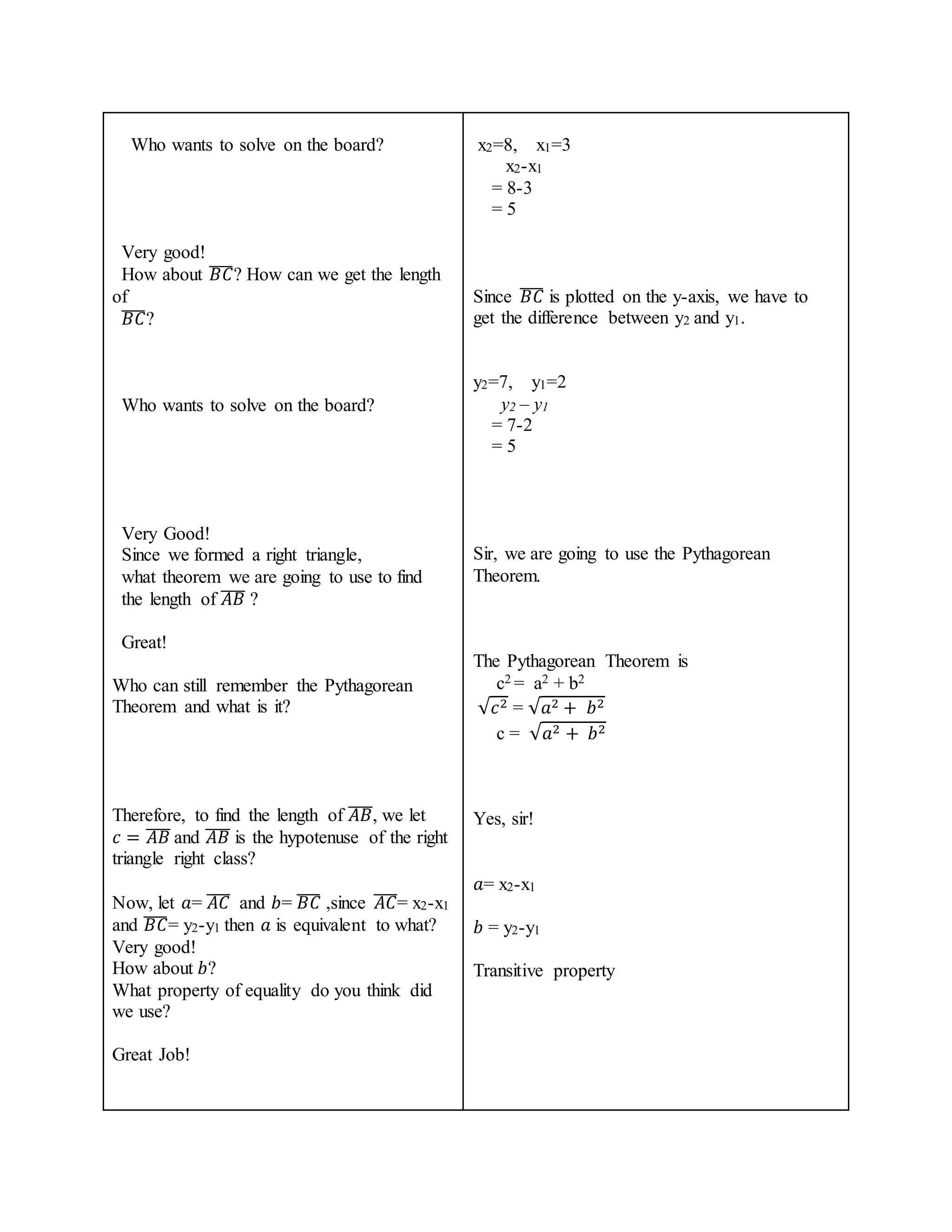 Who wants to solve on the board? 
Very good! 
How about ̅퐵̅̅퐶̅? How can we get the length 
of 
̅퐵̅̅퐶̅? 
Who wants to solve on the board? 
Very Good! 
Since we formed a right triangle, 
what theorem we are going to use to find 
the length of ̅퐴̅̅퐵̅ ? 
Great! 
Who can still remember the Pythagorean 
Theorem and what is it? 
Therefore, to find the length of ̅퐴̅̅퐵̅, we let 
푐 = ̅퐴̅̅퐵̅ and ̅퐴̅̅퐵̅ is the hypotenuse of the right 
triangle right class? 
Now, let 푎= ̅퐴̅̅퐶̅ and 푏= ̅퐵̅̅퐶̅ ,since ̅퐴̅̅퐶̅= x2-x1 
and ̅퐵̅̅퐶̅= y2-y1 then 푎 is equivalent to what? 
Very good! 
How about 푏? 
What property of equality do you think did 
we use? 
Great Job! 
x2=8, x1=3 
x2-x1 
= 8-3 
= 5 
Since ̅퐵̅̅퐶̅ is plotted on the y-axis, we have to 
get the difference between y2 and y1. 
y2=7, y1=2 
y2 – y1 
= 7-2 
= 5 
Sir, we are going to use the Pythagorean 
Theorem. 
The Pythagorean Theorem is 
c2 = a2 + b2 
√푐2 = √푎2 + 푏2 
c = √푎2 + 푏2 
Yes, sir! 
푎= x2-x1 
푏 = y2-y1 
Transitive property 
 