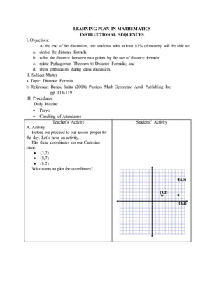 LEARNING PLAN IN MATHEMATICS 
INSTRUCTIONAL SEQUENCES 
I. Objectives: 
At the end of the discussion, the students with at least 85% of mastery will be able to: 
a. derive the distance formula; 
b. solve the distance between two points by the use of distance formula; 
c. relate Pythagorean Theorem to Distance Formula; and 
d. show enthusiasm during class discussion. 
II. Subject Matter 
a. Topic: Distance Formula 
b. Reference: Benes, Salita (2008). Painless Math Geometry. Anvil Publishing Inc. 
pp. 118-119 
III. Procedures: 
Daily Routine 
 Prayer 
 Checking of Attendance 
Teacher’s Activity 
A. Activity 
Before we proceed to our lesson proper for 
the day. Let’s have an activity. 
Plot these coordinates on our Cartesian 
plane. 
 (3,2) 
 (8,7) 
 (8,2) 
Who wants to plot the coordinates? 
Students’ Activity 
(8,7) 
(8,2) 
(3,2) 
 