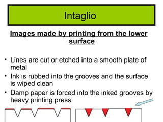 Intaglio
 Images made by printing from the lower
                surface

• Lines are cut or etched into a smooth plate of
  metal
• Ink is rubbed into the grooves and the surface
  is wiped clean
• Damp paper is forced into the inked grooves by
  heavy printing press
 