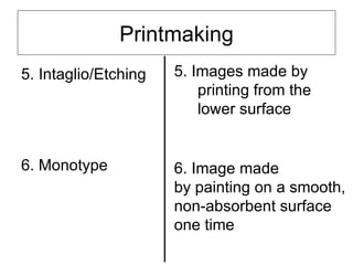 Printmaking
5. Intaglio/Etching   5. Images made by
                          printing from the
                          lower surface


6. Monotype           6. Image made
                      by painting on a smooth,
                      non-absorbent surface
                      one time
 
