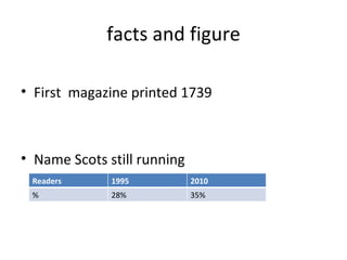 facts and figure

• First magazine printed 1739



• Name Scots still running
 Readers      1995           2010
 %            28%            35%
 