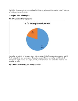 highlights the propensity of print media which helps in various decision making in daily business
of administration and society.
Analysis and Findings:-
Q1. Do you read newspapers?
According to analysis of this chart, hence it is prove that 80% of people read newspapers and 20
% do not prefer to read newspapers. Hence, the readers who are not reading hard format of
newspapers might because of e-paper, website, web applications and some other alternates are
available to them.
Q2. Which newspaperyou prefer to read?
 