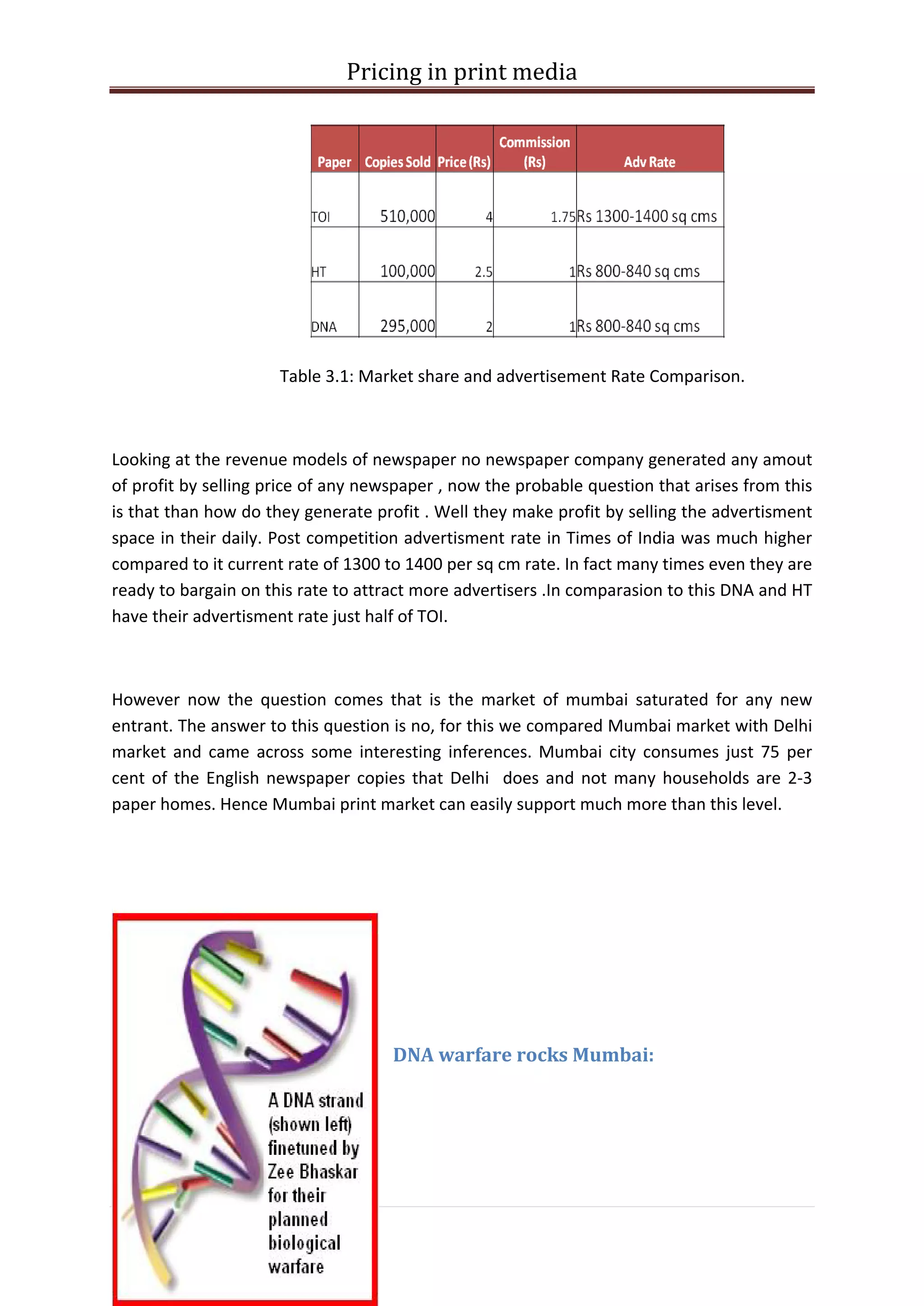 Pricing in print media




                      Table 3.1: Market share and advertisement Rate Comparison.



Looking at the revenue models of newspaper no newspaper company generated any amout
of profit by selling price of any newspaper , now the probable question that arises from this
is that than how do they generate profit . Well they make profit by selling the advertisment
space in their daily. Post competition advertisment rate in Times of India was much higher
compared to it current rate of 1300 to 1400 per sq cm rate. In fact many times even they are
ready to bargain on this rate to attract more advertisers .In comparasion to this DNA and HT
have their advertisment rate just half of TOI.



However now the question comes that is the market of mumbai saturated for any new
entrant. The answer to this question is no, for this we compared Mumbai market with Delhi
market and came across some interesting inferences. Mumbai city consumes just 75 per
cent of the English newspaper copies that Delhi does and not many households are 2-3
paper homes. Hence Mumbai print market can easily support much more than this level.




                                     DNA warfare rocks Mumbai:




12 | P a g e
 