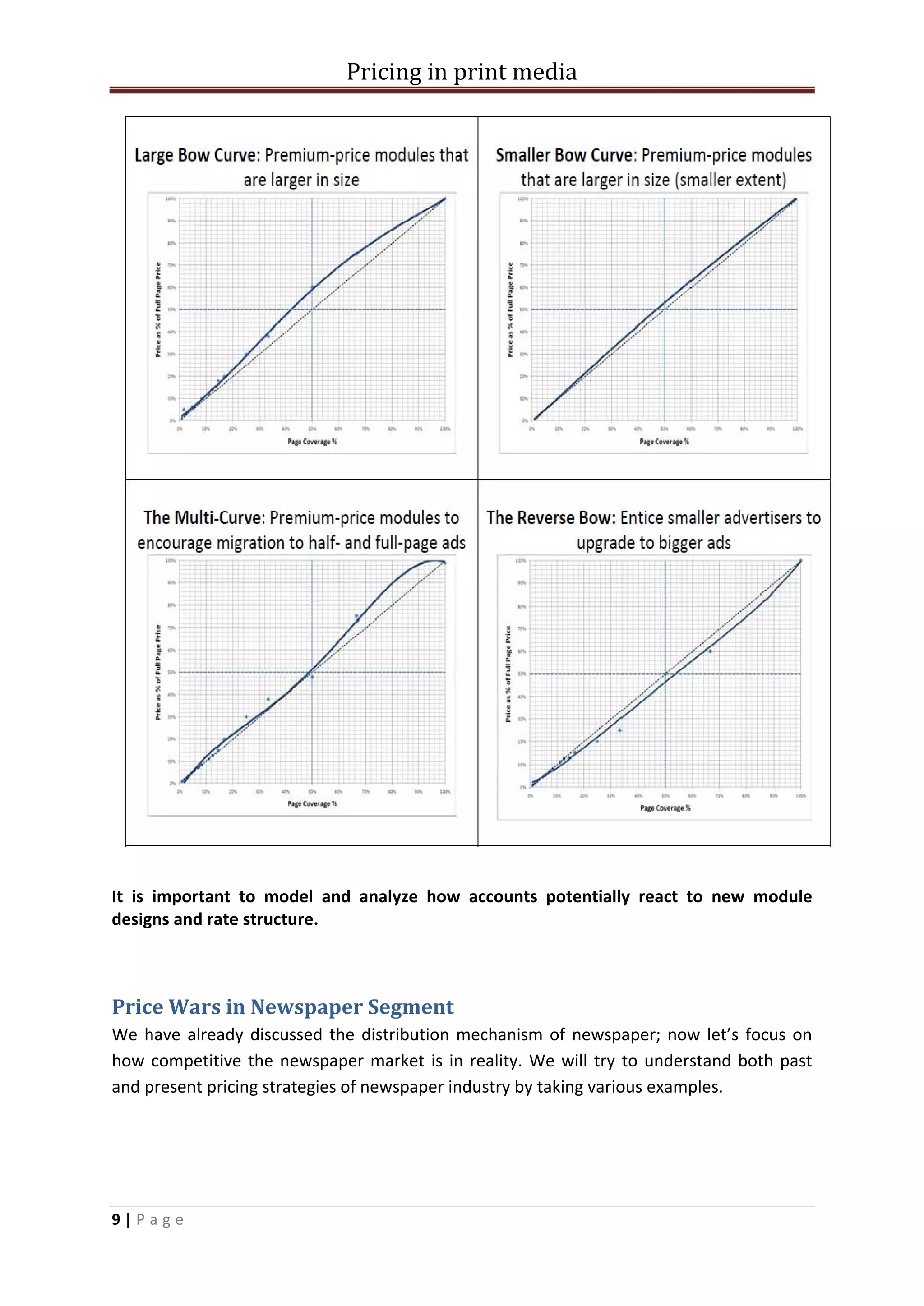 Pricing in print media




It is important to model and analyze how accounts potentially react to new module
designs and rate structure.



Price Wars in Newspaper Segment
We have already discussed the distribution mechanism of newspaper; now let’s focus on
how competitive the newspaper market is in reality. We will try to understand both past
and present pricing strategies of newspaper industry by taking various examples.




9|Page
 