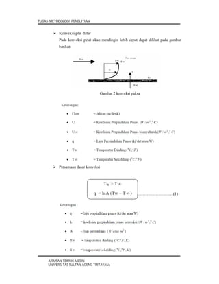 TUGAS METODOLOGI PENELITIAN


        Konveksi plat datar
           Pada konveksi pelat akan mendingin lebih cepat dapat dilihat pada gambar
           berikut:




                                    Gambar 2 konveksi paksa




        Persamaan dasar konveksi




                                                         ………………………..(1)




     JURUSAN TEKNIK MESIN
     UNIVERSITAS SULTAN AGENG TIRTAYASA
 