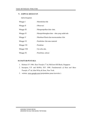 TUGAS METODOLOGI PENELITIAN


   9. JADWAL KEGIATAN

      Jadwal kegiatan

   Minggu I                : Memikirkan Ide

   Minggu II               : Observasi

   Minggu III              : Mengumpulkan data- data.

   Minggu IV               : Memperhitungkan data – data yang sudah ada

   Minggu V                : Membuat Disain dan merencanakan Alat

   Minggu VI               : Pembelian Alat atau material

   Minggu VII              : Perakitan

   Minggu VIII             : Uji coba alat,

   Minggu IX               : Penelitian, selesai



  10. DAFTAR PUSTAKA

   1. Holman J.P. 1986. Heat Transfer,1st ed, McGraw-Hill Book, Singapore
   2. Incropera, F.P. and DeWitt, D.P. 1990. Fundamentals of Heat and Mass
       Transfer, 6th ed, John Wiley & Sons, New York.
   3. website. www.google.com (perpindahan panas konveksi )




     JURUSAN TEKNIK MESIN
     UNIVERSITAS SULTAN AGENG TIRTAYASA
 