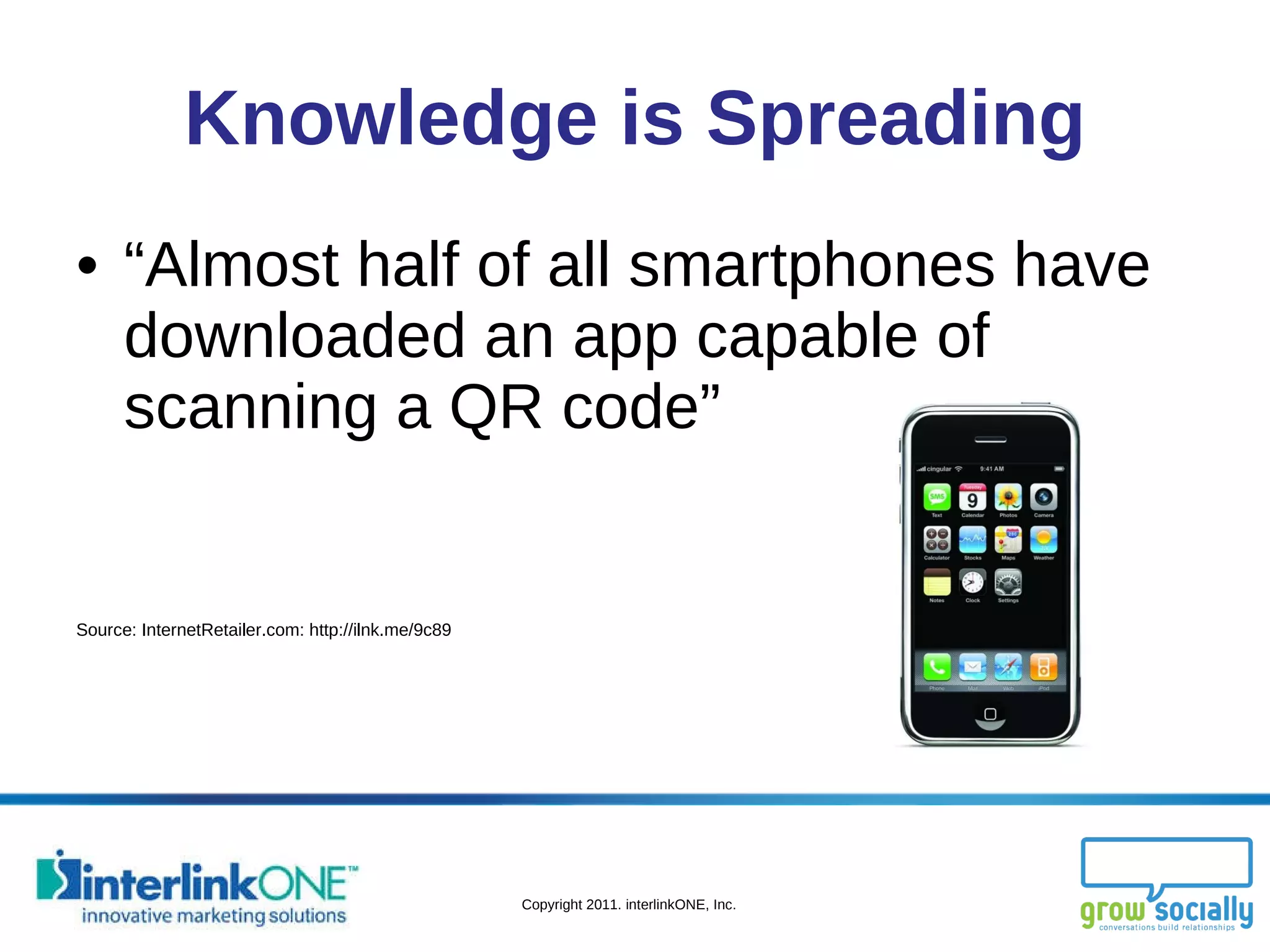 Knowledge is Spreading “ Almost half of all smartphones have downloaded an app capable of scanning a QR code” Source: InternetRetailer.com: http://ilnk.me/9c89 