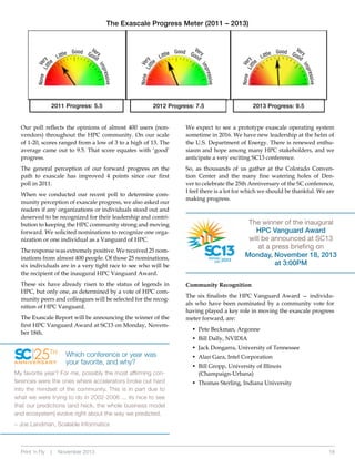 The Exascale Progress Meter (2011 – 2013)

Ve
Li t r y
tl

2012 Progress: 7.5

sive

None

Ve
Li t r y
tl

V
Good G er y
ood
pres

None

e

le
Litt

Im

sive

None

V
Good G er y
ood
pres

sive

2011 Progress: 5.5

e

le
Litt

Im

pres

Ve
Li t r y
tl

Good G Very
ood
Im

e

le
Litt

2013 Progress: 9.5

Our poll reflects the opinions of almost 400 users (nonvendors) throughout the HPC community. On our scale
of 1-20, scores ranged from a low of 3 to a high of 13. The
average came out to 9.5. That score equates with ‘good’
progress.

We expect to see a prototype exascale operating system
sometime in 2016. We have new leadership at the helm of
the U.S. Department of Energy. There is renewed enthusiasm and hope among many HPC stakeholders, and we
anticipate a very exciting SC13 conference.

The general perception of our forward progress on the
path to exascale has improved 4 points since our first
poll in 2011.

So, as thousands of us gather at the Colorado Convention Center and the many fine watering holes of Denver to celebrate the 25th Anniversary of the SC conference,
I feel there is a lot for which we should be thankful. We are
making progress.

When we conducted our recent poll to determine community perception of exascale progress, we also asked our
readers if any organizations or individuals stood out and
deserved to be recognized for their leadership and contribution to keeping the HPC community strong and moving
forward. We solicited nominations to recognize one organization or one individual as a Vanguard of HPC.
The response was extremely positive. We received 25 nominations from almost 400 people. Of those 25 nominations,
six individuals are in a very tight race to see who will be
the recipient of the inaugural HPC Vanguard Award.
These six have already risen to the status of legends in
HPC, but only one, as determined by a vote of HPC community peers and colleagues will be selected for the recognition of HPC Vanguard.
The Exascale Report will be announcing the winner of the
first HPC Vanguard Award at SC13 on Monday, November 18th.

25

TH

ANNIVERSARY

Which conference or year was
your favorite, and why?

My favorite year? For me, possibly the most affirming conferences were the ones where accelerators broke out hard
into the mindset of the community. This is in part due to
what we were trying to do in 2002-2006 ... its nice to see
that our predictions (and heck, the whole business model
and ecosystem) evolve right about the way we predicted.

The winner of the inaugural
HPC Vanguard Award
will be announced at SC13
at a press briefing on
Monday, November 18, 2013
at 3:00PM
Community Recognition
The six finalists the HPC Vanguard Award — individuals who have been nominated by a community vote for
having played a key role in moving the exascale progress
meter forward, are:
•	 Pete Beckman, Argonne
•	 Bill Dally, NVIDIA
•	 Jack Dongarra, University of Tennessee
•	 Alan Gara, Intel Corporation
•	  ill Gropp, University of Illinois
B
(Champaign-Urbana)
•	 Thomas Sterling, Indiana University

– Joe Landman, Scalable Informatics

Print ‘n Fly

|

November 2013

18

 