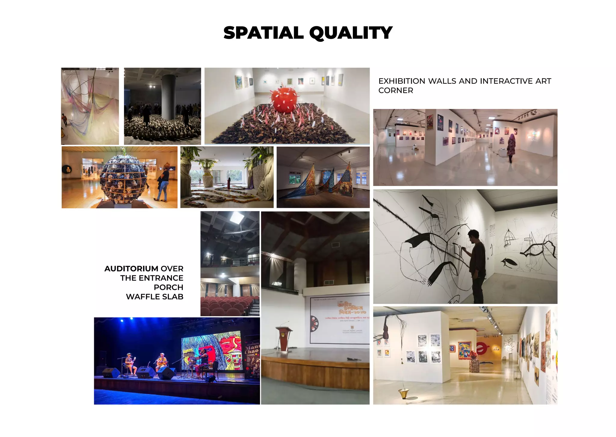 EXHIBITION WALLS AND INTERACTIVE ART
CORNER
AUDITORIUM OVER
THE ENTRANCE
PORCH
WAFFLE SLAB
SPATIAL QUALITY
 