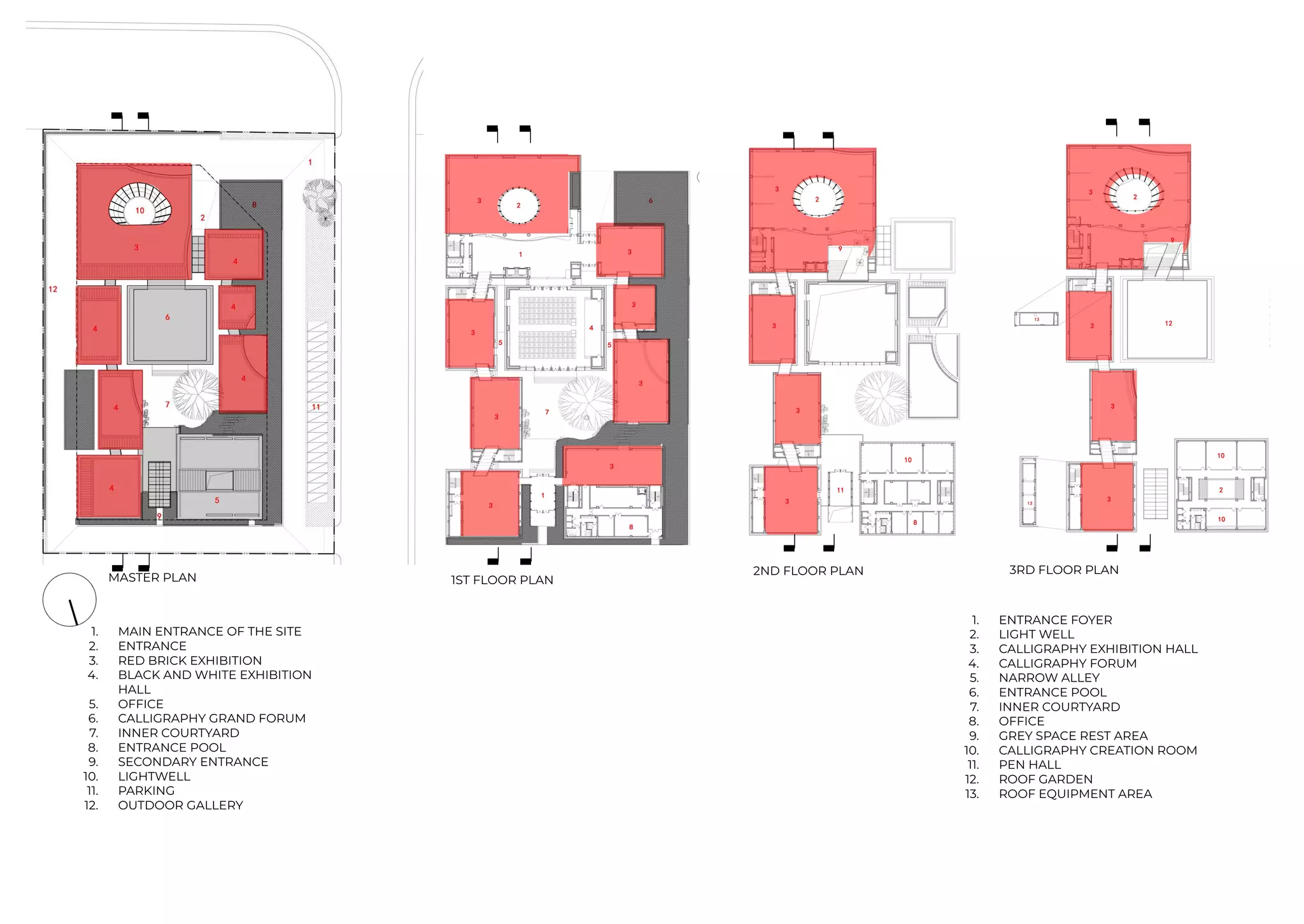 1. ENTRANCE FOYER
2. LIGHT WELL
3. CALLIGRAPHY EXHIBITION HALL
4. CALLIGRAPHY FORUM
5. NARROW ALLEY
6. ENTRANCE POOL
7. INNER COURTYARD
8. OFFICE
9. GREY SPACE REST AREA
10. CALLIGRAPHY CREATION ROOM
11. PEN HALL
12. ROOF GARDEN
13. ROOF EQUIPMENT AREA
1. MAIN ENTRANCE OF THE SITE
2. ENTRANCE
3. RED BRICK EXHIBITION
4. BLACK AND WHITE EXHIBITION
HALL
5. OFFICE
6. CALLIGRAPHY GRAND FORUM
7. INNER COURTYARD
8. ENTRANCE POOL
9. SECONDARY ENTRANCE
10. LIGHTWELL
11. PARKING
12. OUTDOOR GALLERY
MASTER PLAN 1ST FLOOR PLAN
2ND FLOOR PLAN 3RD FLOOR PLAN
 