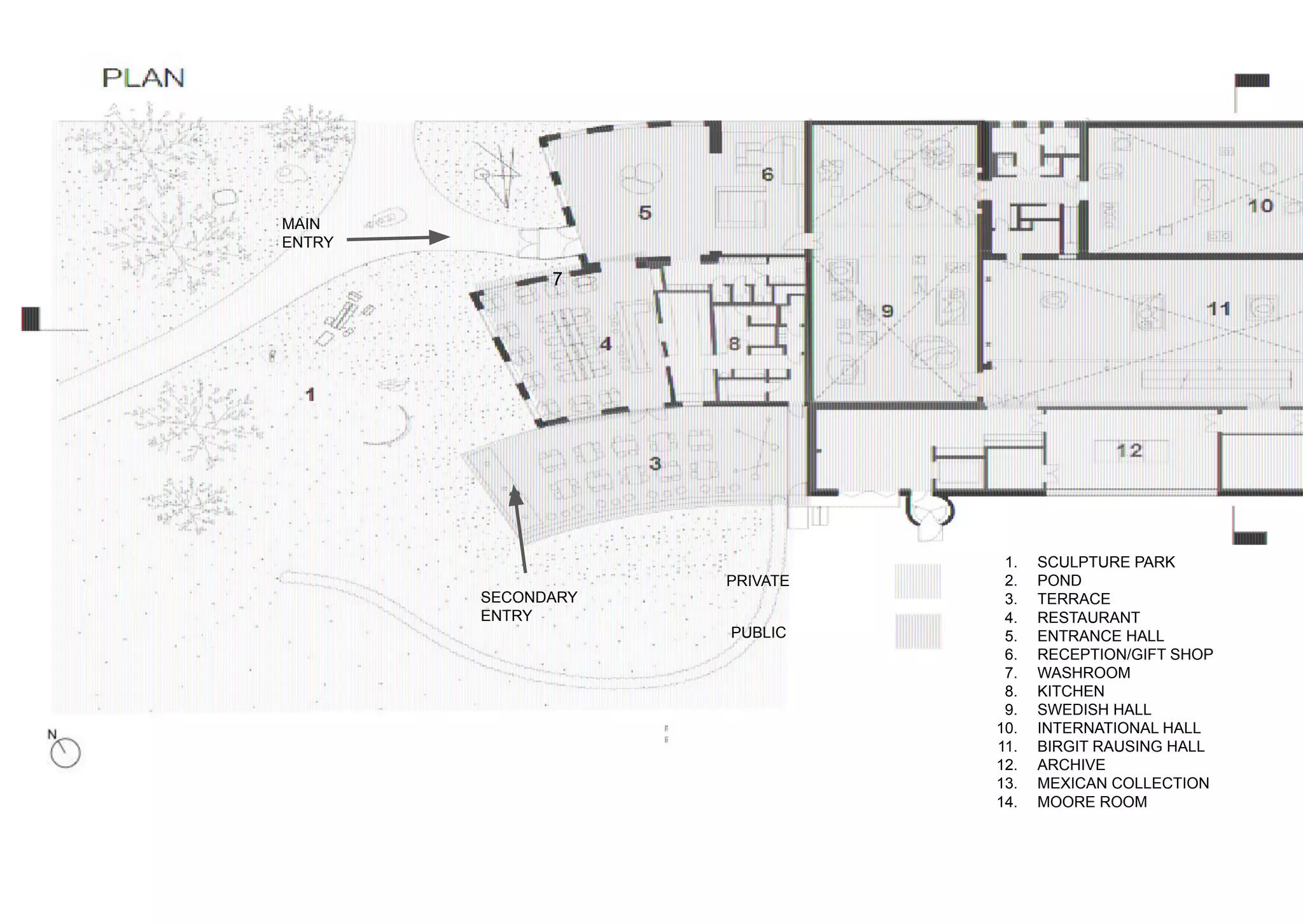 7
PRIVATE
PUBLIC
1. SCULPTURE PARK
2. POND
3. TERRACE
4. RESTAURANT
5. ENTRANCE HALL
6. RECEPTION/GIFT SHOP
7. WASHROOM
8. KITCHEN
9. SWEDISH HALL
10. INTERNATIONAL HALL
11. BIRGIT RAUSING HALL
12. ARCHIVE
13. MEXICAN COLLECTION
14. MOORE ROOM
MAIN
ENTRY
SECONDARY
ENTRY
 