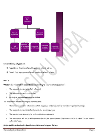 Mayank_kashyap@ymail.com Page 5
Errors in testing a hypothesis
 Type I Error: Rejection of a null hypothesis when it is true.
 Type II Error: Acceptance of a null hypothesis when it is false.
UNIT II
What are the reasons that respondents are unwilling to answer certain questions?
 The respondent may not be fully informed
 The respondent may not remember
 He may be unable to express or articulate
The respondent may be unwilling to answer due to-
 There may be sensitive information which may cause embarrassment or harm the respondent’s image.
 The respondent may not be familiar with the genuine purpose
 The question may appear to be irrelevant to the respondent
 The respondent will not be willing to reveal traits like aggressiveness (For instance - if he is asked “Do you hit your
wife, sister”, etc.)
Define Validity and reliability. Explain the relationship between the two
 