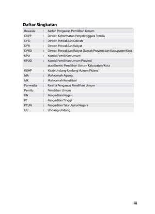 iii
Daftar Singkatan
Bawaslu : Badan Pengawas Pemilihan Umum
DKPP : Dewan Kehormatan Penyelenggara Pemilu
DPD : Dewan Perwakilan Daerah
DPR : Dewan Perwakilan Rakyat
DPRD : Dewan Perwakilan Rakyat Daerah Provinsi dan Kabupaten/Kota
KPU : Komisi Pemilihan Umum
KPUD : Komisi Pemilihan Umum Provinsi
atau Komisi Pemilihan Umum Kabupaten/Kota
KUHP : Kitab Undang-Undang Hukum Pidana
MA : Mahkamah Agung
MK : Mahkamah Konstitusi
Panwaslu : Panitia Pengawas Pemilihan Umum
Pemilu : Pemilihan Umum
PN : Pengadilan Negeri
PT : Pengadilan Tinggi
PTUN : Pengadilan Tata Usaha Negara
UU : Undang-Undang
 