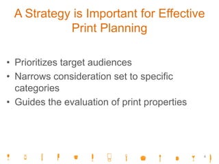 A Strategy is Important for Effective
Print Planning
• Prioritizes target audiences
• Narrows consideration set to specific
categories
• Guides the evaluation of print properties
4
 