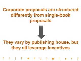 Corporate proposals are structured
differently from single-book
proposals
They vary by publishing house, but
they all leverage incentives
 