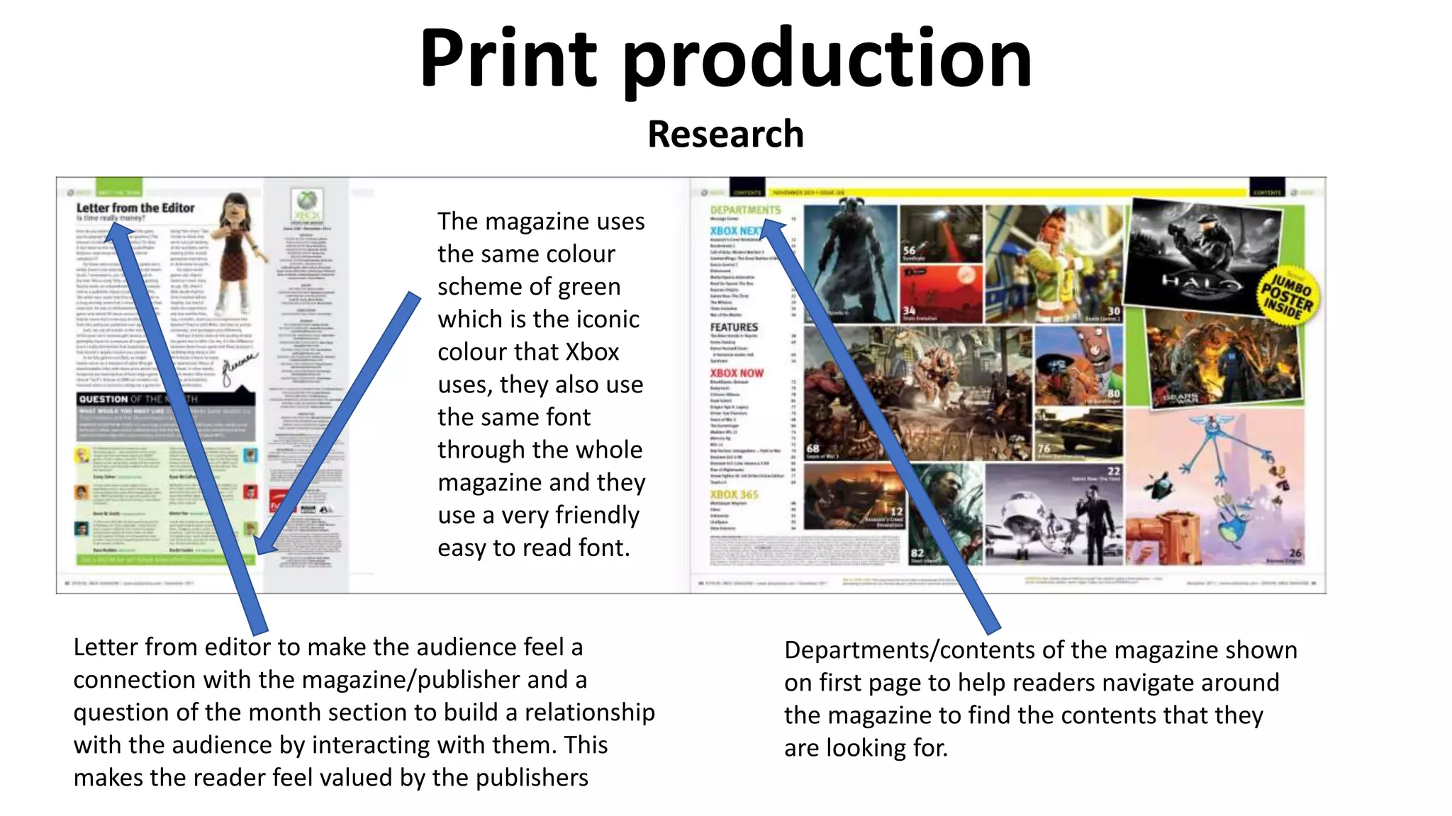 Print production
Research
Letter from editor to make the audience feel a
connection with the magazine/publisher and a
question of the month section to build a relationship
with the audience by interacting with them. This
makes the reader feel valued by the publishers
Departments/contents of the magazine shown
on first page to help readers navigate around
the magazine to find the contents that they
are looking for.
The magazine uses
the same colour
scheme of green
which is the iconic
colour that Xbox
uses, they also use
the same font
through the whole
magazine and they
use a very friendly
easy to read font.
 