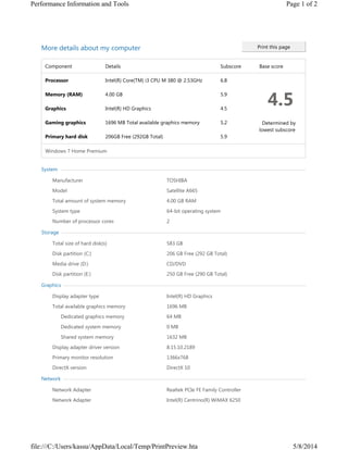 More details about my computer Print this page
Component Details Subscore Base score
Processor Intel(R) Core(TM) i3 CPU M 380 @ 2.53GHz 6.8
4.5
  Determined by
lowest subscore
Memory (RAM) 4.00 GB 5.9
Graphics Intel(R) HD Graphics 4.5
Gaming graphics 1696 MB Total available graphics memory 5.2
Primary hard disk 206GB Free (292GB Total) 5.9
Windows 7 Home Premium
System  
Manufacturer TOSHIBA
Model Satellite A665
Total amount of system memory 4.00 GB RAM
System type 64-bit operating system
Number of processor cores 2
Storage  
Total size of hard disk(s) 583 GB
Disk partition (C:) 206 GB Free (292 GB Total)
Media drive (D:) CD/DVD
Disk partition (E:) 250 GB Free (290 GB Total)
Graphics  
Display adapter type Intel(R) HD Graphics
Total available graphics memory 1696 MB
      Dedicated graphics memory 64 MB
      Dedicated system memory 0 MB
      Shared system memory 1632 MB
Display adapter driver version 8.15.10.2189
Primary monitor resolution 1366x768
DirectX version DirectX 10
Network  
Network Adapter Realtek PCIe FE Family Controller
Network Adapter Intel(R) Centrino(R) WiMAX 6250
Page 1 of 2Performance Information and Tools
5/8/2014file:///C:/Users/kassu/AppData/Local/Temp/PrintPreview.hta
 